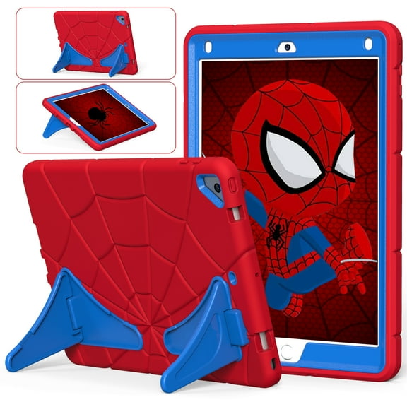 ELEHOLD for iPad 9.7 inch 6th/5th 2018/2017 & iPad Air 2 Rugged Case, Cute Cartoon Kids Friendly Built-in Double Kickstand Full Protection Shockproof Children Case,Red+Blue