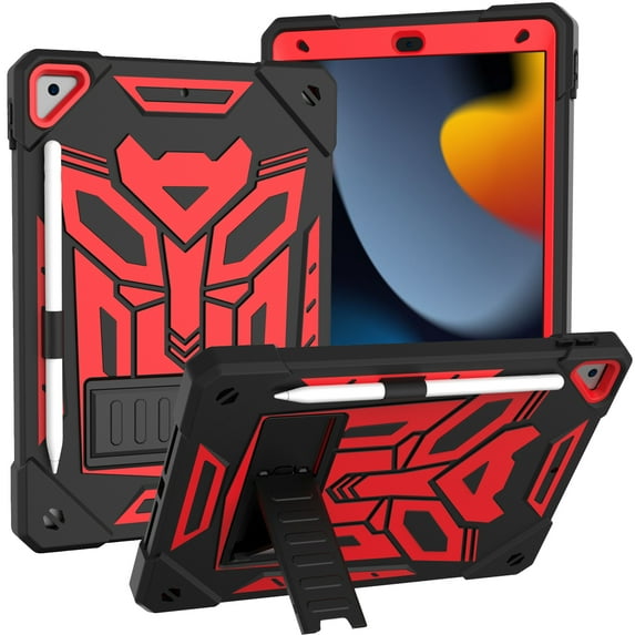 ELEHOLD for iPad 9/8/7 (10.2-Inch, 2021/2020/2019 Model, 9th/8th/7th Generation), Heavy Duty Shockproof Rugged Shoulder Strap Foldable Kickstand Cover with Pencil Holder, Black+Red