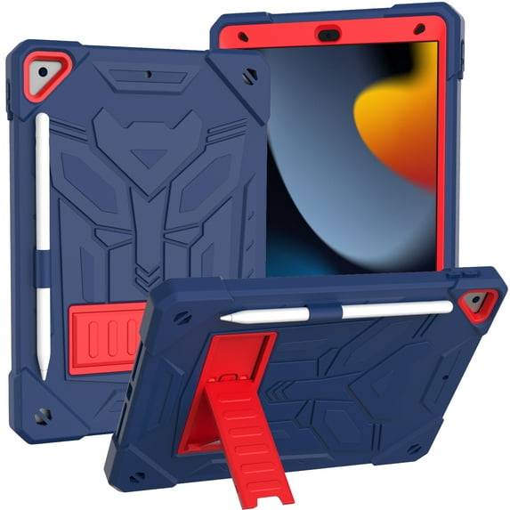 ELEHOLD for iPad 9/8/7 (10.2-Inch, 2021/2020/2019 Model, 9th/8th/7th Generation), Heavy Duty Shockproof Rugged Shoulder Strap Foldable Kickstand Cover with Pencil Holder, darkblue