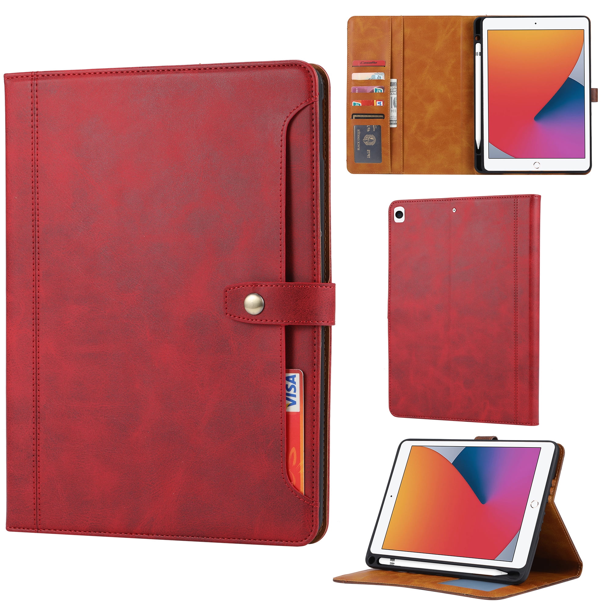 ELEHOLD for iPad 9th/8th/7th Gen 10.2" (2021/2020/2019) Multi-Functional Flip Leather Wallet Case with Front Pocket Card Slots Kickstand Pencil Holder Shockproof Business Men Women Case Cover,Red