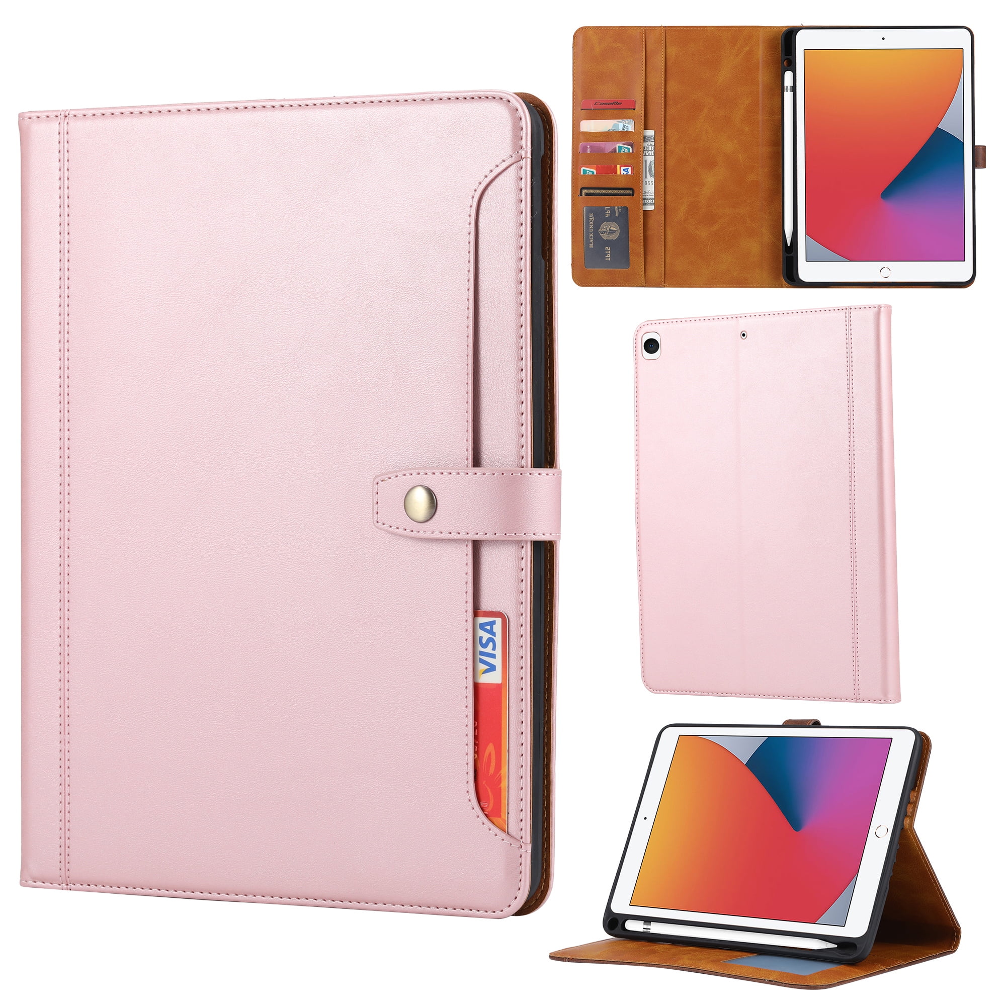 ELEHOLD for iPad 9th/8th/7th Gen 10.2" (2021/2020/2019) Multi-Functional Flip Leather Wallet Case with Front Pocket Card Slots Kickstand Pencil Holder Shockproof Business Men Women Case Cover,Rosegold