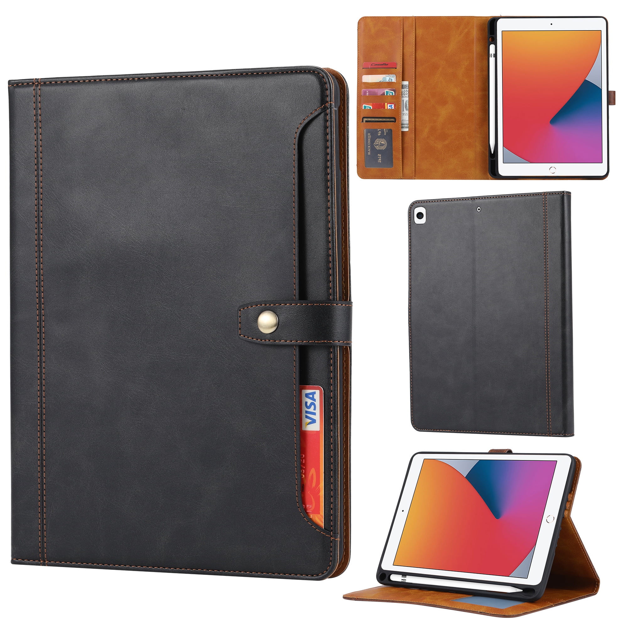 ELEHOLD for iPad 9th/8th/7th Gen 10.2" (2021/2020/2019) Multi-Functional Flip Leather Wallet Case with Front Pocket Card Slots Kickstand Pencil Holder Shockproof Business Men Women Case Cover,Black