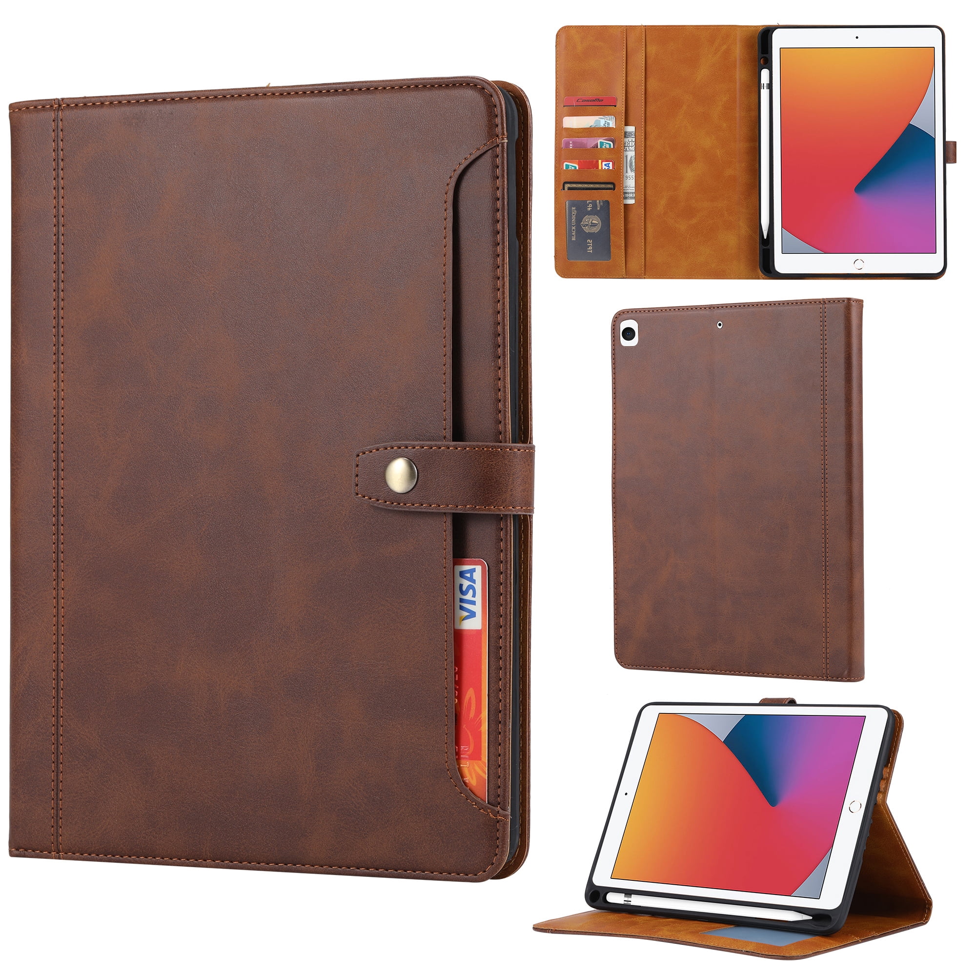 ELEHOLD for iPad 9th/8th/7th Gen 10.2" (2021/2020/2019) Multi-Functional Flip Leather Wallet Case with Front Pocket Card Slots Kickstand Pencil Holder Shockproof Business Men Women Case Cover,Coffee