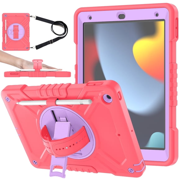 ELEHOLD for iPad 9th/8th/7th Gen 10.2 Inch Rugged Case, Shockproof Heavy Duty Protective Cover with Handle Strap Pencil Holder Kickstand Shoulder Strap for iPad 10.2" 2021/2020/2019 - Red Purple