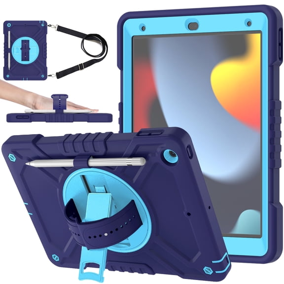 ELEHOLD for iPad 9th/8th/7th Gen 10.2 Inch Rugged Case, Shockproof Heavy Duty Protective Cover with Handle Strap Pencil Holder Kickstand Shoulder Strap for iPad 10.2" 2021/2020/2019 - Navy Blue