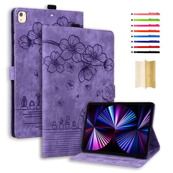 ELEHOLD for iPad 9th 8th 7th Gen 10.2 inch 2021/2020/2019 Leather Case,Embossed Flower Pattern Folio Flip Case Card Slots Kickstand Magnetic Clasp Shockproof Protective Case for iPad 10.2", Purple