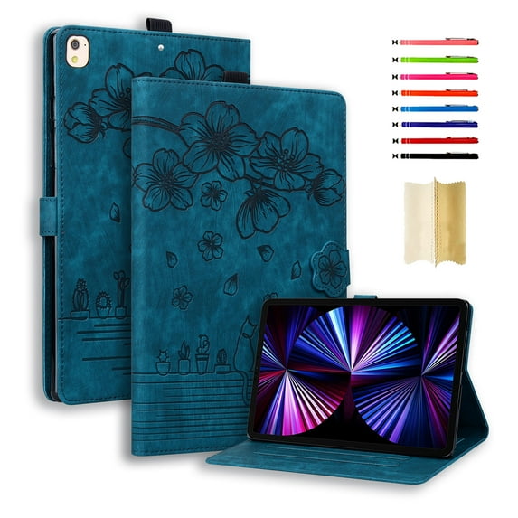 ELEHOLD for iPad 9th 8th 7th Gen 10.2 inch 2021/2020/2019 Leather Case,Embossed Flower Pattern Folio Flip Case Card Slots Kickstand Magnetic Clasp Shockproof Protective Case for iPad 10.2", Blue