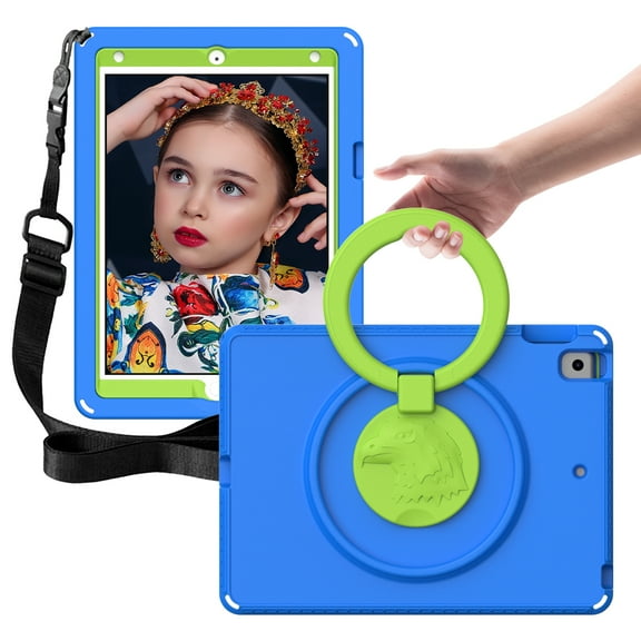 ELEHOLD for iPad 9th/8th/7th Gen Kids Case with Built-in Screen Protector, Shoulder Strap Kickstand Function Handle Stand Washable Shockproof Kids Friendly Case for iPad 10.2 2021/2020/2019, Blue