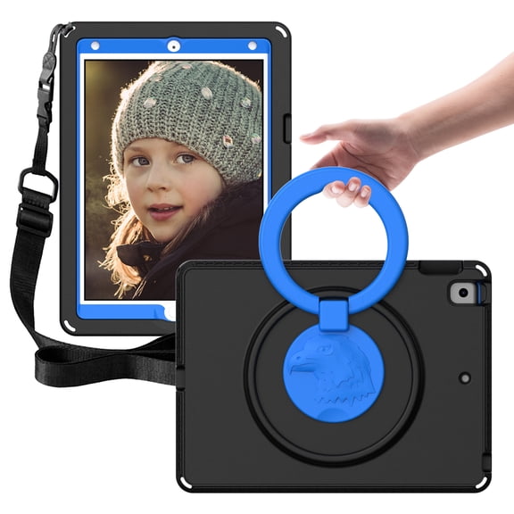 ELEHOLD for iPad 9th/8th/7th Gen Kids Case with Built-in Screen Protector, Shoulder Strap Kickstand Function Handle Stand Washable Shockproof Kids Friendly Case for iPad 10.2 2021/2020/2019, Black