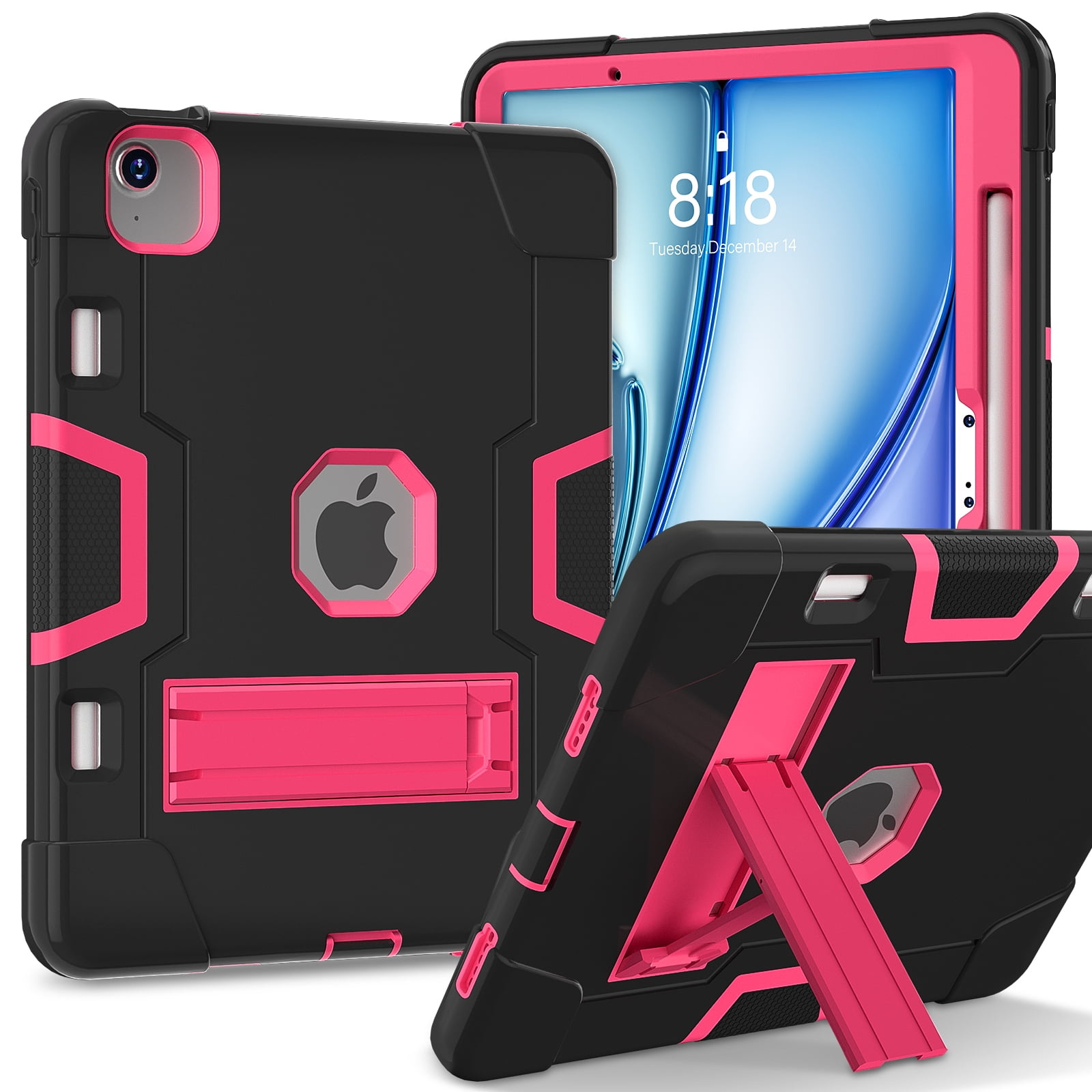 ELEHOLD for iPad Air 11 Inch Case 2024 Release, iPad Air 11 (M2) Case with Pencil Holder and Kickstand, Heavy Duty Shockproof Protective Cover,Black+Rose