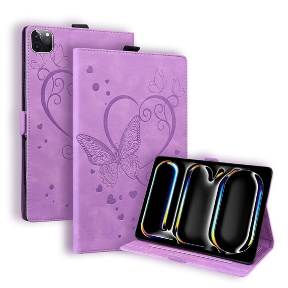 ELEHOLD for iPad Air 11 inch 2024 Leather Case,Embossed Butterfly Pattern Folio Flip Smart Case Card Slots Kickstand Magnetic Clasp ShockAirof Case for iPad Air 11" 2024,Purple