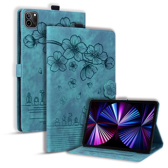 ELEHOLD for iPad Pro 11 inch 2024 Leather Case,Embossed Flower Cat Pattern Leather Folio Smart Case Card Slots Kickstand Magnetic Clasp Shockproof Protective Cover for iPad Pro 11" 2024, Green