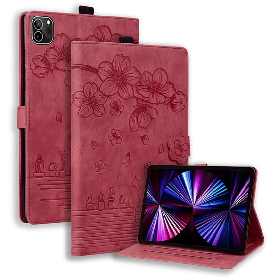 ELEHOLD for iPad Pro 11 inch 2024 Leather Case,Embossed Flower Cat Pattern Leather Folio Smart Case Card Slots Kickstand Magnetic Clasp Shockproof Protective Cover for iPad Pro 11" 2024, Red