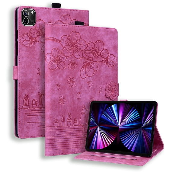 ELEHOLD for iPad Air 11 inch 2024 Leather Case,Embossed Flower Cat Pattern Leather Folio Smart Case Card Slots Kickstand Magnetic Clasp ShockAirof Airtective Cover for iPad Air 11" 2024, Rose