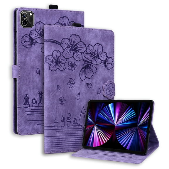 ELEHOLD for iPad Air 13 inch 2024 Leather Case,Embossed Flower Cat Pattern Leather Folio Smart Case Card Slots Kickstand Magnetic Clasp ShockAirof Airtective Cover for iPad Air 13" 2024, Purple