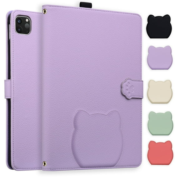ELEHOLD For iPad Air 13-inch M3 (2025) / M2 (2024), iPad Pro 12.9 (2022/2021/2020) Case, Cute Kitten Shockproof Magnetic Flip Kickstand Multi-Angle Card Slot Automatic Sleep Protective Case ,Purple