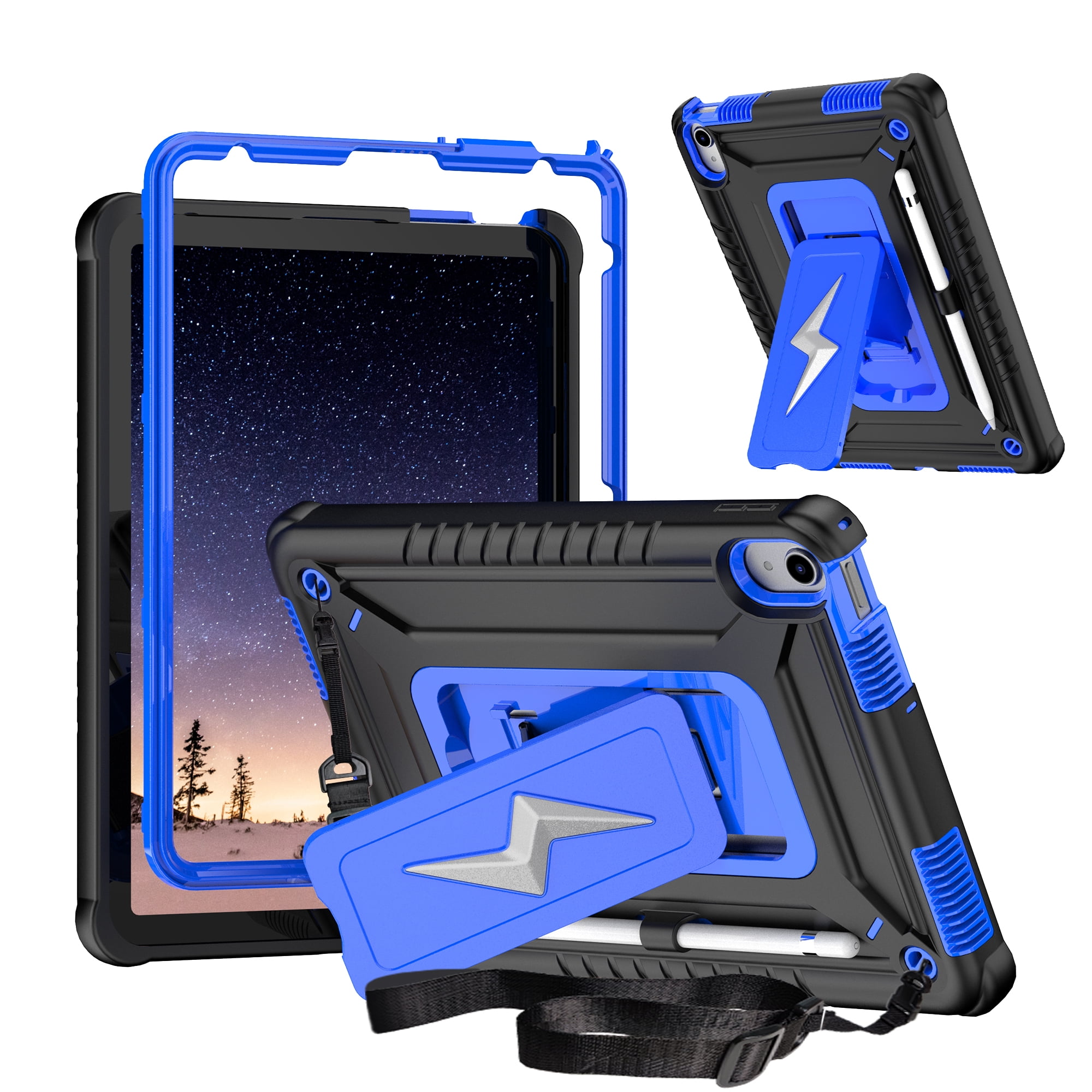 ELEHOLD For iPad Air 3rd Generation 2019 / iPad Pro 2017 10.5 inch ,Rugged Shockproof 3-Layer Kickstand Pencil Holder Protective Case with Shoulder Strap for Kids,Outdoor Travel,Blackblue