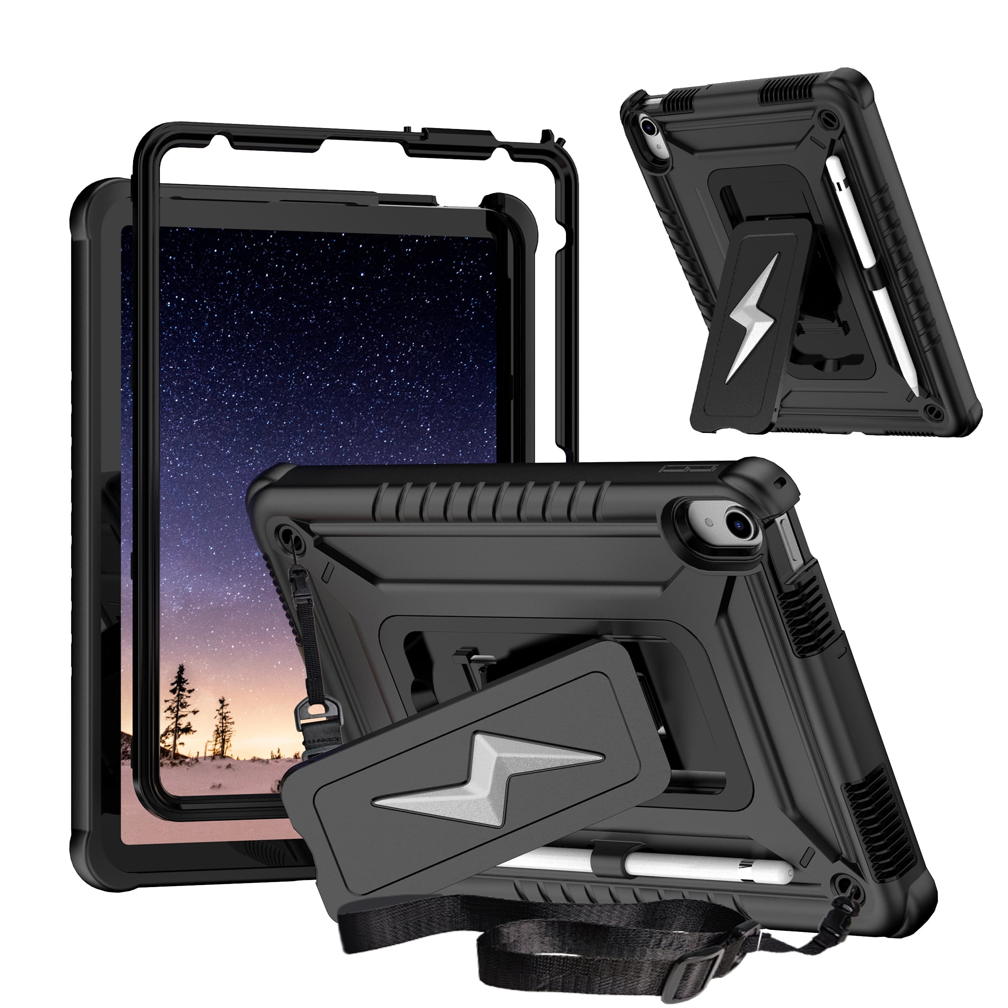 ELEHOLD For iPad Air 3rd Generation 2019 / iPad Pro 2017 10.5 inch ,Rugged Shockproof 3-Layer Kickstand Pencil Holder Protective Case with Shoulder Strap for Kids,Outdoor Travel,Black