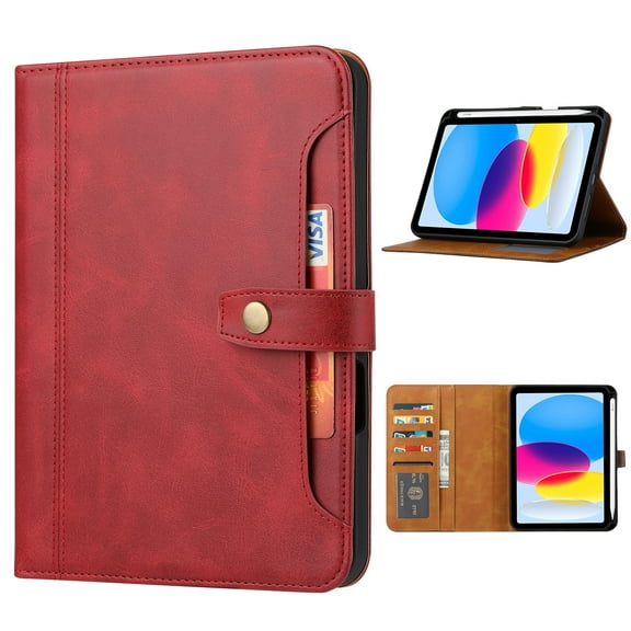 ELEHOLD iPad Case for iPad 10th Gen 10.9" 2022 Multi-Functional Flip Leather Wallet Case with Front Pocket Card Slots Kickstand Pencil Holder Shockproof Business Men Women Case Cover,Red