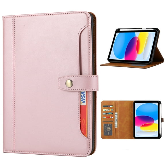 ELEHOLD iPad Case For Apple iPad 11th(A16) 2025 Multi-Functional Flip Leather Wallet Case with Front Pocket Card Slots Kickstand Pencil Holder Shockproof Business Men Women Case Cover,Rosegold