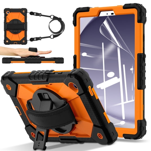 ELEHOLD iPad Case+Screen Protector For Samsung Galaxy Tab A9 2023 8.7-inch, Shockproof Rugged Hybrid Built-in Kickstand 360° Rotating Handstrap Case With Crossbody Strap ,Black+Orange