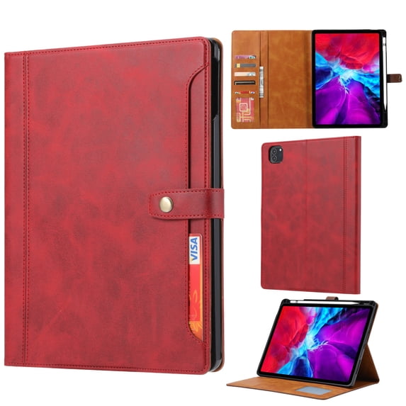 ELEHOLD iPad Case For iPad Pro 11-inch (M5) 2025/(M4) 2024 Multi-Functional Flip Leather Wallet Case with Front Pocket Card Slots Kickstand Pencil Holder Shockproof Case Cover,Red