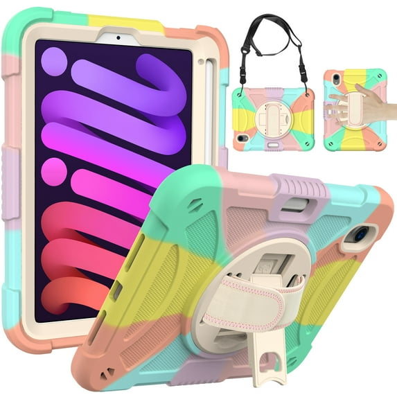ELEHOLD for iPad Mini 6 Case (8.3-Inch,2021 Model), Heavy Duty Shockproof Rugged Handle Shoulder Strap Rotating Kickstand Cover with Pencil Holder, Colorful