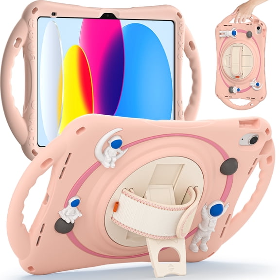 ELEHOLD for iPad Pro 11 2021/2020/2018 / Air 5 / Air 4 Kids Case, Heavy Duty Pencil Cap Holder Kickstand 360° Rotating Hand Strap Shockproof Child-Proof Rugged Case, Pink