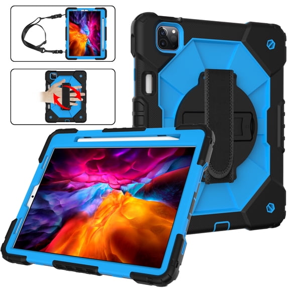 ELEHOLD for iPad Pro 11 2022/2021/2020/2018 iPad Air 5/4th Gen Rugged Hybrid Case with Built-in Kickstand 360 Rotating Handstrap Pencil Holder Crossbody Shoulder Strap Shockproof Heavy Duty Case,M