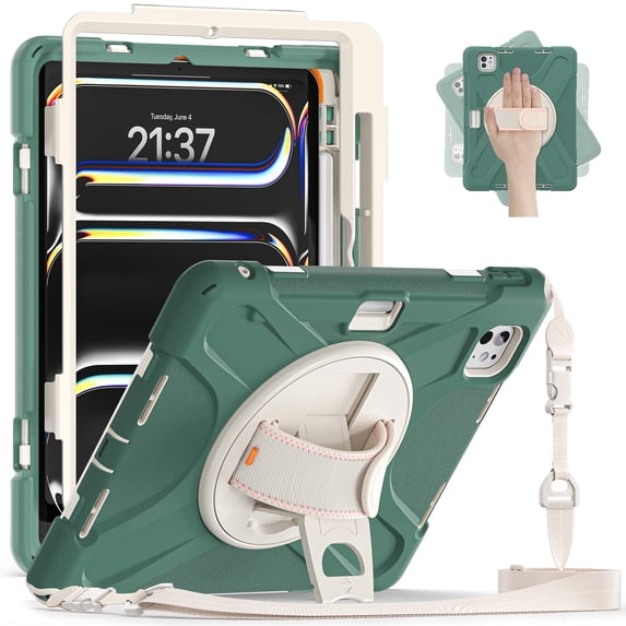 ELEHOLD For iPad Pro 11 2024 3-Layer Heavy Duty Shockproof Case Full Protection Rugged Cover with 360° Rotable Kickstand & Hand Strap, Detachable Carrying Shoulder Strap - Emeraldgreen