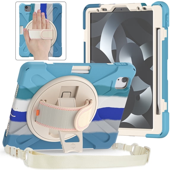 ELEHOLD For iPad Pro 11 2024 3-Layer Heavy Duty Shockproof Case Full Protection Rugged Cover with 360° Rotable Kickstand & Hand Strap, Detachable Carrying Shoulder Strap - Colorful Blue