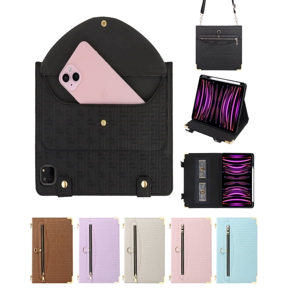 ELEHOLD for iPad Pro 11-inch (M5) 2025/(M4) 2024 Case, Luxury PU Leather Pencil Holder Money Pocket Kickstand Metal Corner Protection Shockproof Flip Cover with Shoulder Strap,Black