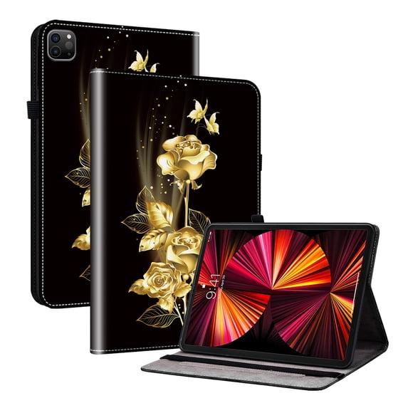 ELEHOLD for iPad Pro 11 2024 Case, PU Leather Flowers Pretty Unique Design Slim Adjustable Stand Cover with Auto Sleep Wake Folio Cover Case for iPad Pro 11 2024,Golden Butterfly Roses