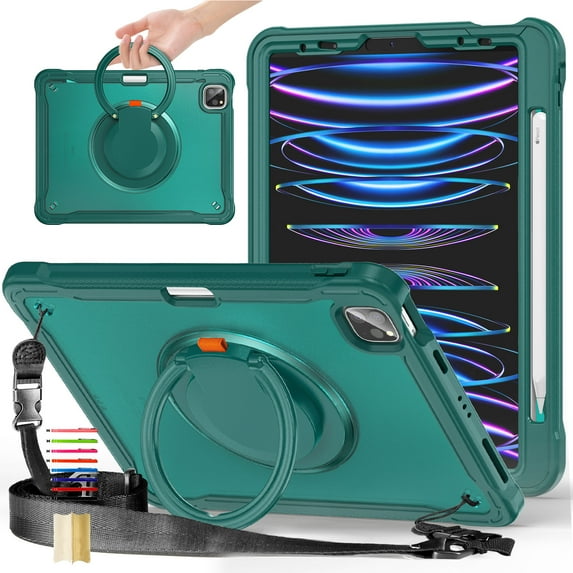 ELEHOLD for iPad Pro 11 Inch 2022/2021/2020/2018/Air 5/4 Rugged Case,Hybrid Shockproof Protective Matte Back Case with 360° Rotation Stand Handle Grip Pencil Holder Crossbody Shoulder Strap,Green