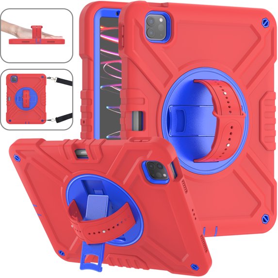 ELEHOLD for iPad Pro 11 inch 2022/2021/2020/2018 iPad Air 5/Air 4 Rugged Case, Shockproof Heavy Duty Protective Cover with Handle Strap & Pencil Holder & Kickstand & Shoulder Strap - Red Blue