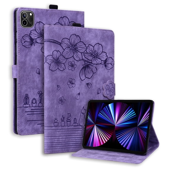ELEHOLD for iPad Pro 11 inch 2024 Leather Case,Embossed Flower Cat Pattern Leather Folio Smart Case Card Slots Kickstand Magnetic Clasp Shockproof Protective Cover for iPad Pro 11" 2024, Purple