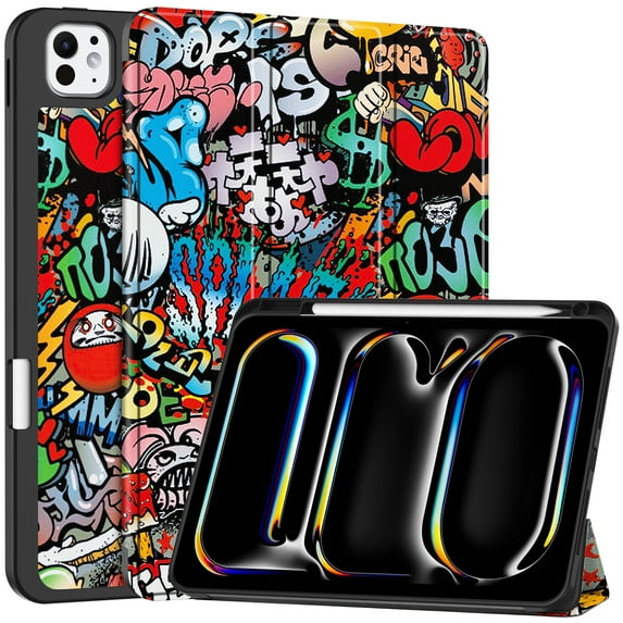 ELEHOLD for iPad Pro 11 inch 2024 Tri-fold Leather with Pencil Holder Case Kickstand Magnetic Folio Slim Shockproof TPU Cover for iPad Pro 11" 2024,Graffiti