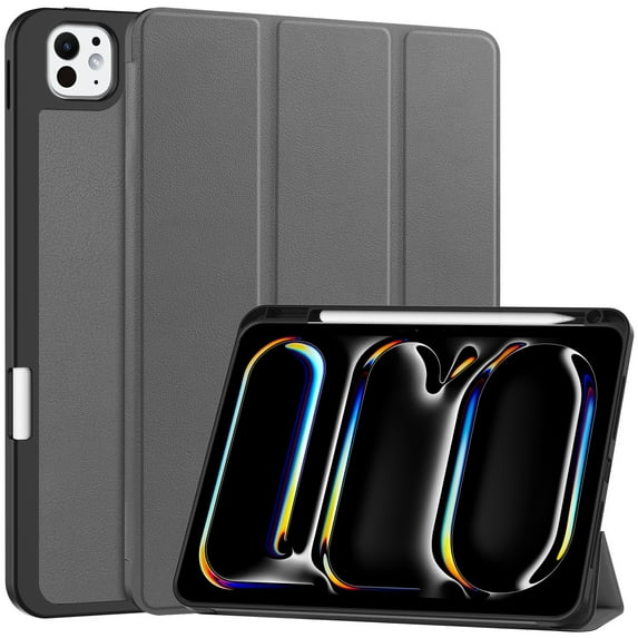 ELEHOLD for iPad Pro 11 inch 2024 Tri-fold Leather with Pencil Holder Case Kickstand Magnetic Folio Slim Shockproof TPU Cover for iPad Pro 11" 2024,Gray