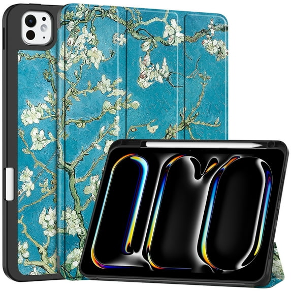 ELEHOLD for iPad Pro 11 inch 2024 Tri-fold Leather with Pencil Holder Case Kickstand Magnetic Folio Slim Shockproof TPU Cover for iPad Pro 11" 2024,Flower
