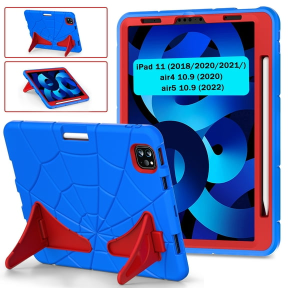 ELEHOLD for iPad Pro 11 inch Rugged Case, Cute Cartoon Kids Friendly Built-in Double Kickstand Full Protection Shockproof Children Case iPad Pro 11 2022/2021/2020/2018 & iPad Air 4th/5th,Blue+Red
