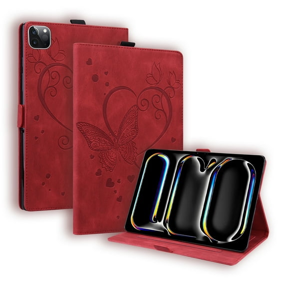 ELEHOLD for iPad Pro 13 inch 2024 Leather Case,Embossed Butterfly Pattern Folio Flip Smart Case Card Slots Kickstand Magnetic Clasp Shockproof Case for iPad Pro 13" 2024,Red