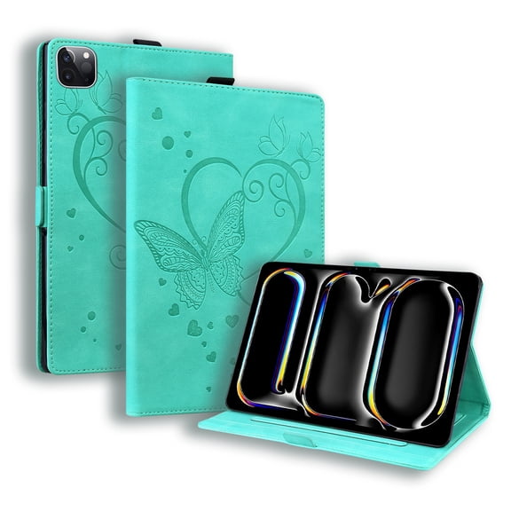ELEHOLD for iPad Pro 13 inch (M5) 2025 Leather Case,Embossed Butterfly Pattern Folio Flip Smart Case Card Slots Kickstand Magnetic Clasp Shockproof Case for iPad Pro 13" 2025,Green