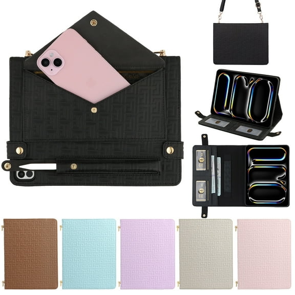 ELEHOLD for iPad Pro 13-inch (M5) 2025/(M4) 2024 Case, Soft PU Leather Pencil Holder Money Pocket Card Holder Kickstand S Pen Slot Shockproof Flip Cover with Shoulder Strap,Black