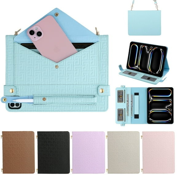 ELEHOLD for iPad Pro 13-inch (M5) 2025/(M4) 2024 Case, Soft PU Leather Pencil Holder Money Pocket Card Holder Kickstand S Pen Slot Shockproof Flip Cover with Shoulder Strap,Blue