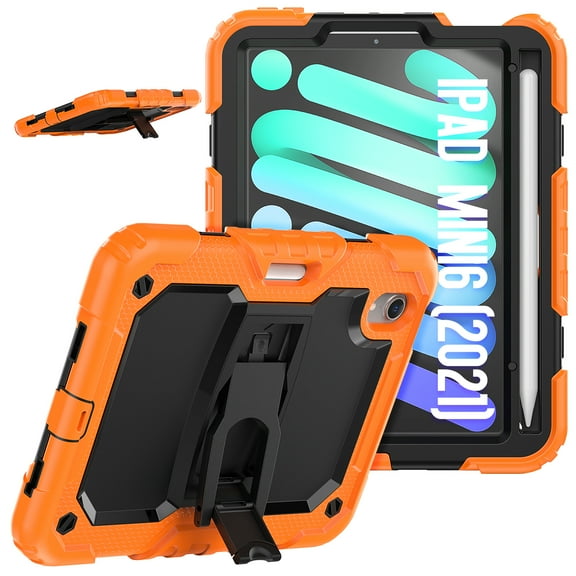 ELEHOLD for iPad mini 6th Generation 8.3 inch 2021 Ragged Case, Soft Silicone Hard PC Shoulder Strap Built-Kickstand Anti-Drop Shockproof Heavy Duty Protective Cover Case,Orange+Black