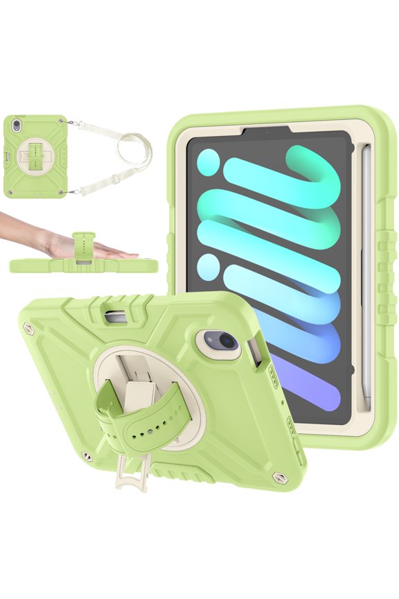 for iPad mini 6th Generation Rugged Case, Shockproof Heavy Duty Protective Cover with Handle Strap & Pencil Holder & Kickstand & Shoulder Strap for iPad mini 6 (2021) - Green White