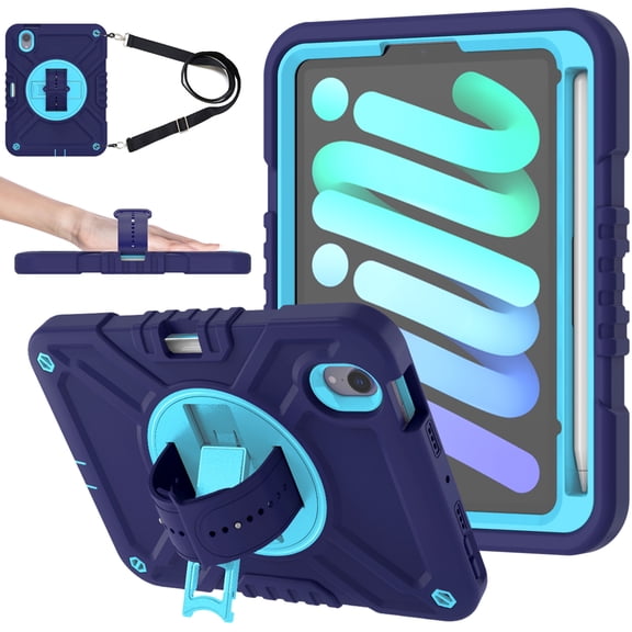 ELEHOLD for iPad mini 6th Generation Rugged Case, Shockproof Heavy Duty Protective Cover with Handle Strap & Pencil Holder & Kickstand & Shoulder Strap for iPad mini 6 (2021) -  Navy Blue