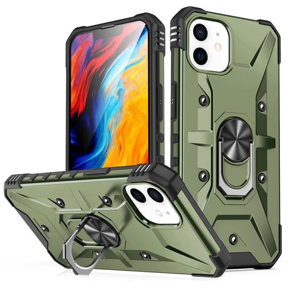 ELEHOLD for iPhone 11 Armor Case, Military Grade Hard PC Magnetic Built-in Car Mount 360° Rotatable Metal Ring Holder Kickstand Shockproof Multi-Functional Rugged Case, Armygreen