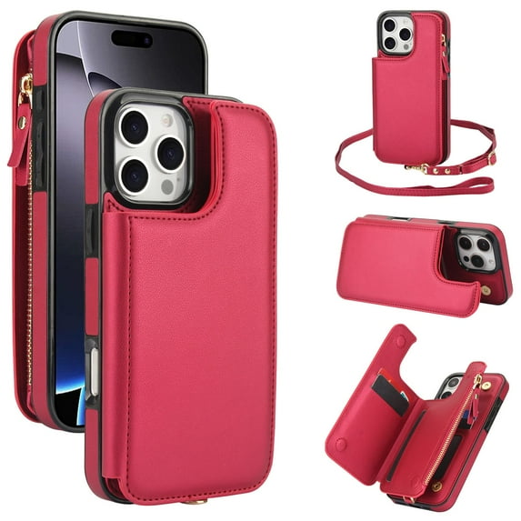 ELEHOLD for iPhone 11 Case,Flip Kickstand RFID Blocking Card Slot Holder Zipper PU Leather Crossbody Wallet Shock-Absorbent Protective Case with Crossbody Strap,Red