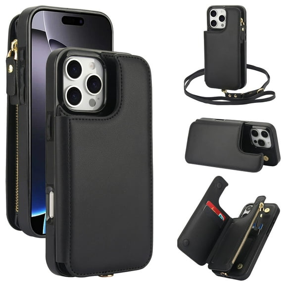 ELEHOLD for iPhone 11 Case,Flip Kickstand RFID Blocking Card Slot Holder Zipper PU Leather Crossbody Wallet Shock-Absorbent Protective Case with Crossbody Strap,Black